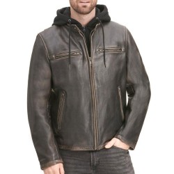 Men's Vintage Brown Leather Biker Jacket with Black Hoodie