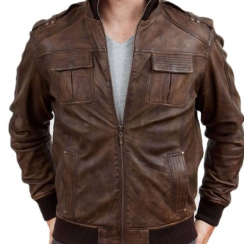 Men's Vintage Waxed Leather Brown Bomber Jacket