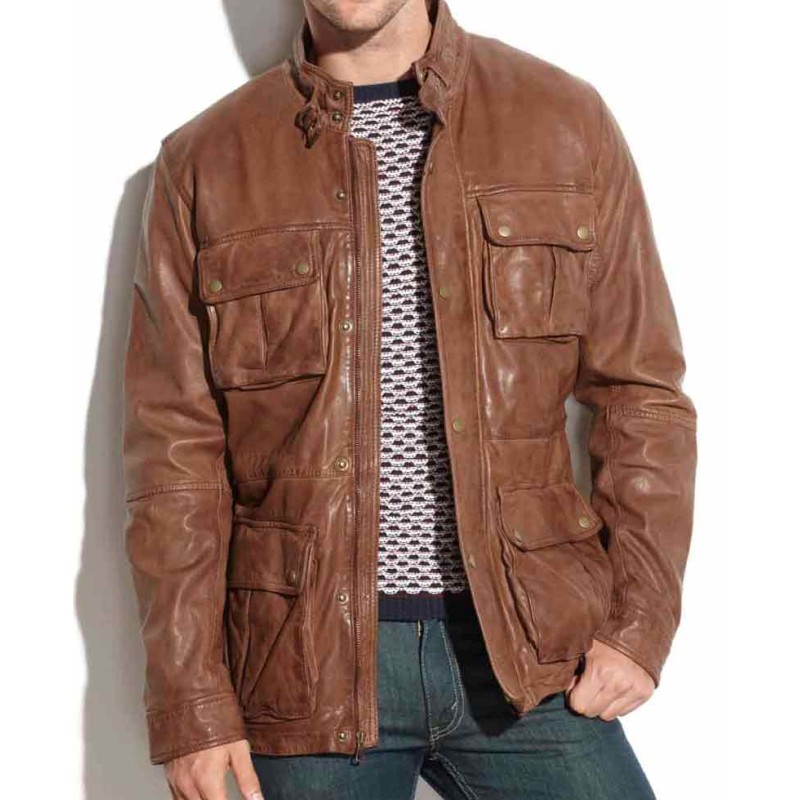 Men's Four Pockets Biker Vintage Brown Leather Jacket