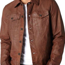 Men's Shirt Collar Vintage Brown Leather Jacket