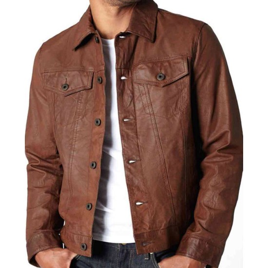 Men's Shirt Collar Vintage Brown Leather Jacket