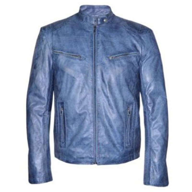 Men's Motorcycle Washed Blue Leather Jacket Men's Motorcycle Washed Blue Leather Jacket