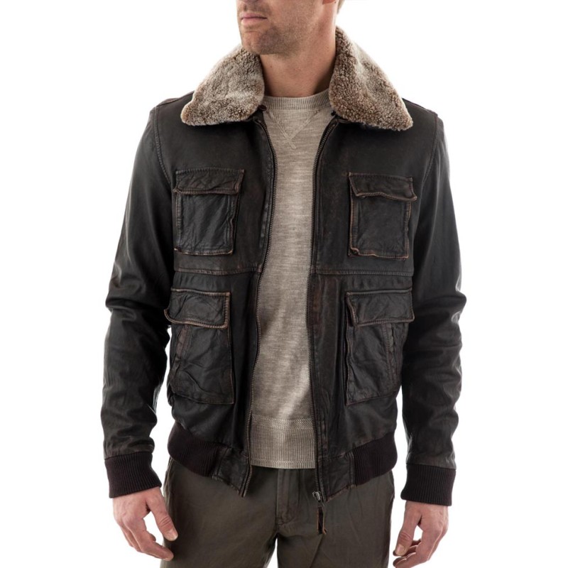 Men's Bomber Waxed Brown Leather Jacket Men's Bomber Waxed Brown Leather Jacket