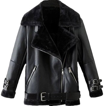Men's Winter Shearling WFJ012 Belted Black Leather Jacket