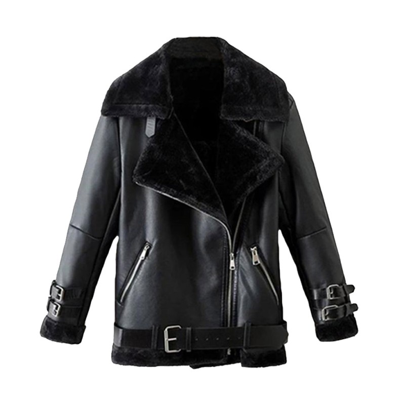 Men's Winter Shearling WFJ012 Belted Black Leather Jacket Men's Winter Shearling WFJ012 Belted Black Leather Jacket