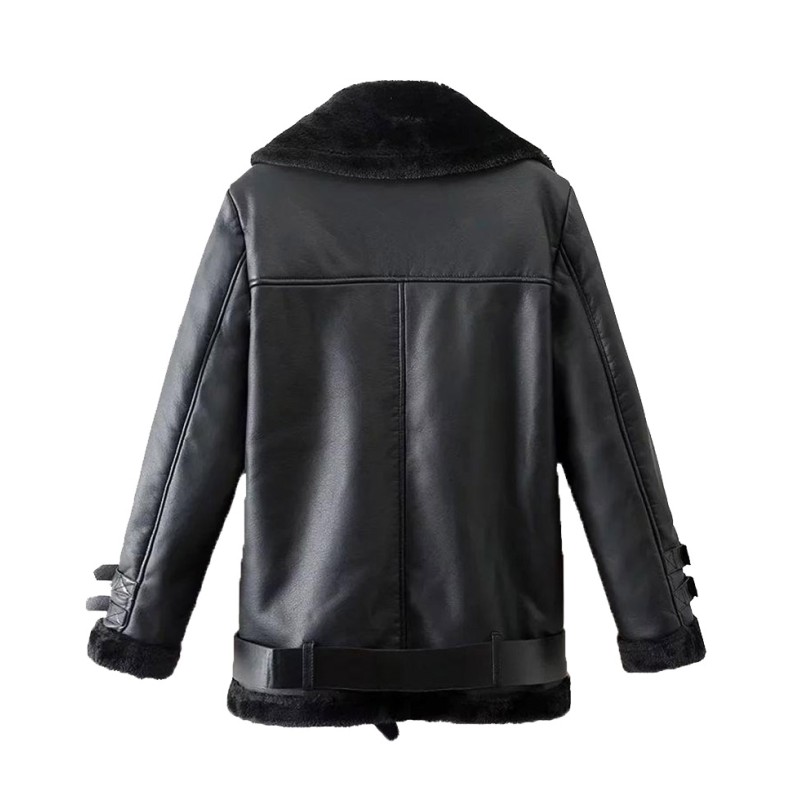 Men's Winter Shearling WFJ012 Belted Black Leather Jacket Men's Winter Shearling WFJ012 Belted Black Leather Jacket