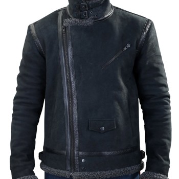 Men's Winter WFJ013 Grey Shearling Black Leather Jacket
