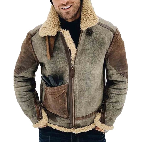 Men's WFJ02 Brown and Grey Shearling Leather Jacket