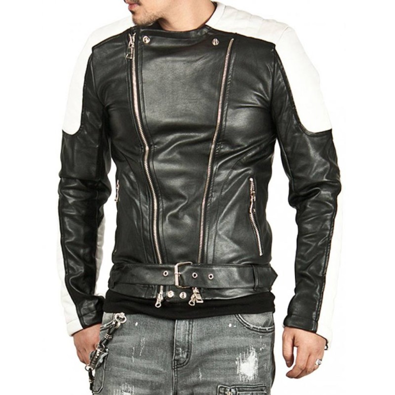 Men's White Padded Design Black Leather Biker Jacket Men's White Padded Design Black Leather Biker Jacket