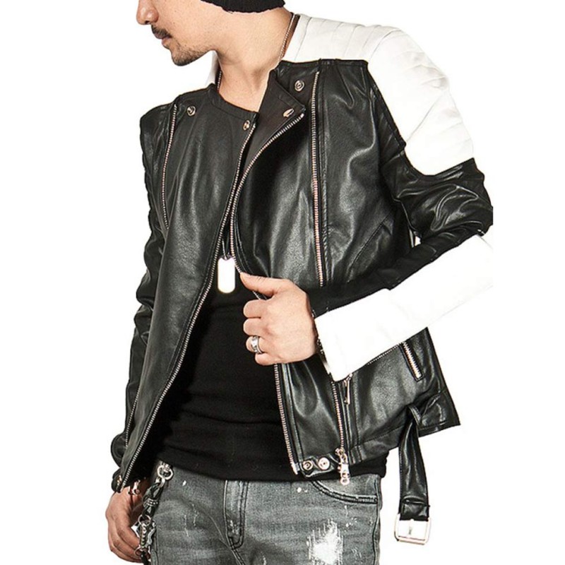 Men's White Padded Design Black Leather Biker Jacket Men's White Padded Design Black Leather Biker Jacket