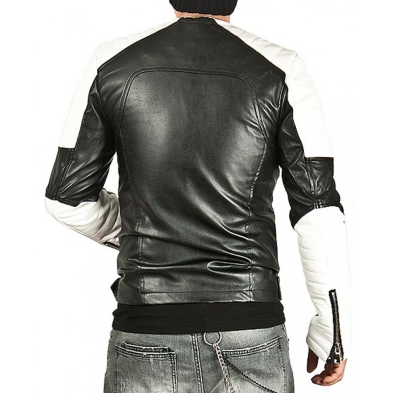 Men's White Padded Design Black Leather Biker Jacket Men's White Padded Design Black Leather Biker Jacket