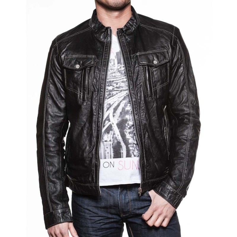 Men's Mandarin Collar White Stitched Leather Jacket Men's Mandarin Collar White Stitched Leather Jacket