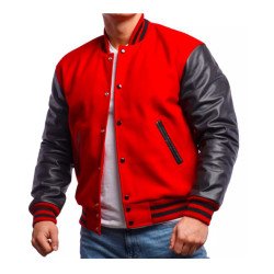 Men's Varsity Black Leather and Wool Red Jacket