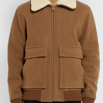 Men's Wool Brown Bomber Jacket with Fur Collar