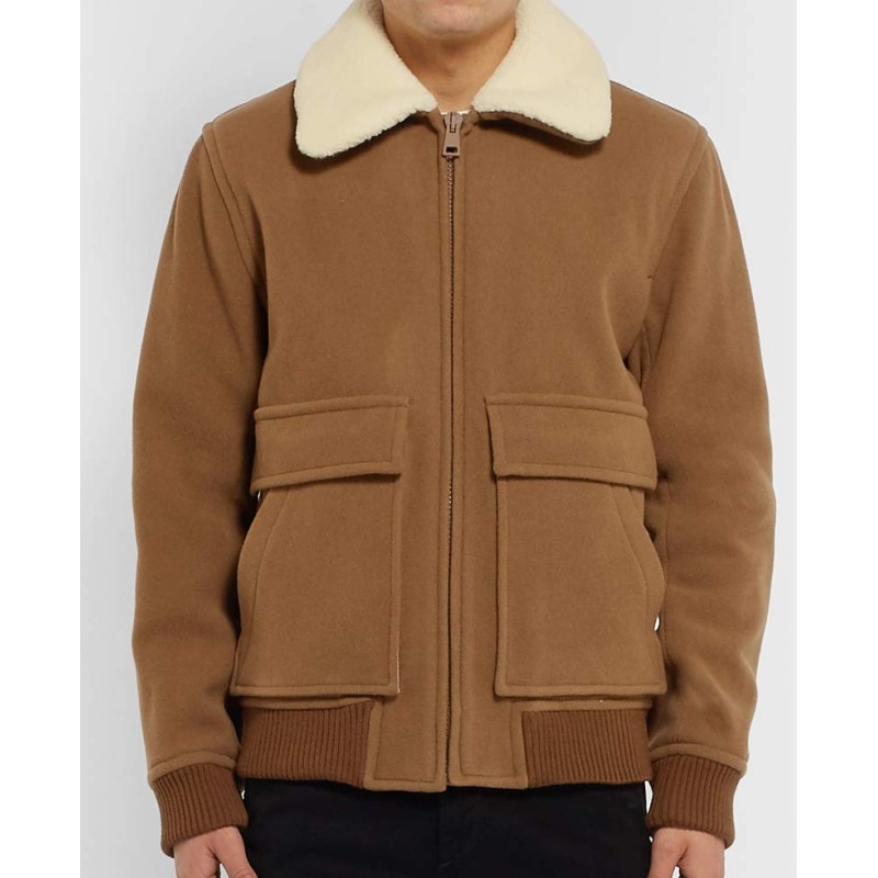Men's Wool Brown Bomber Jacket with Fur Collar Men's Wool Brown Bomber Jacket with Fur Collar