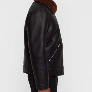 Men's Zipper Pockets Black Leather Brown Fur Collar Jacket
