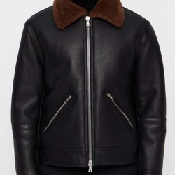 Men's Zipper Pockets Black Leather Brown Fur Collar Jacket