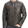 Men's Zipper Pockets Quilted Shoulder Brown Leather Biker Jacket Men's Zipper Pockets Quilted Shoulder Brown Leather Biker Jacket