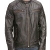Men's Zipper Pockets Quilted Shoulder Brown Leather Biker Jacket