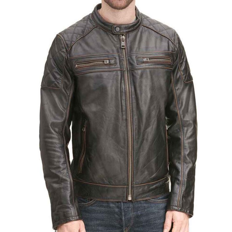 Men's Zipper Pockets Quilted Shoulder Brown Leather Biker Jacket