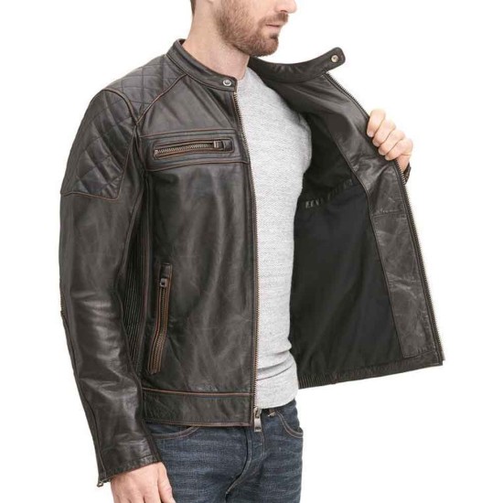Men's Zipper Pockets Quilted Shoulder Brown Leather Biker Jacket