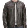 Men's Zipper Pockets Quilted Shoulder Brown Leather Biker Jacket Men's Zipper Pockets Quilted Shoulder Brown Leather Biker Jacket