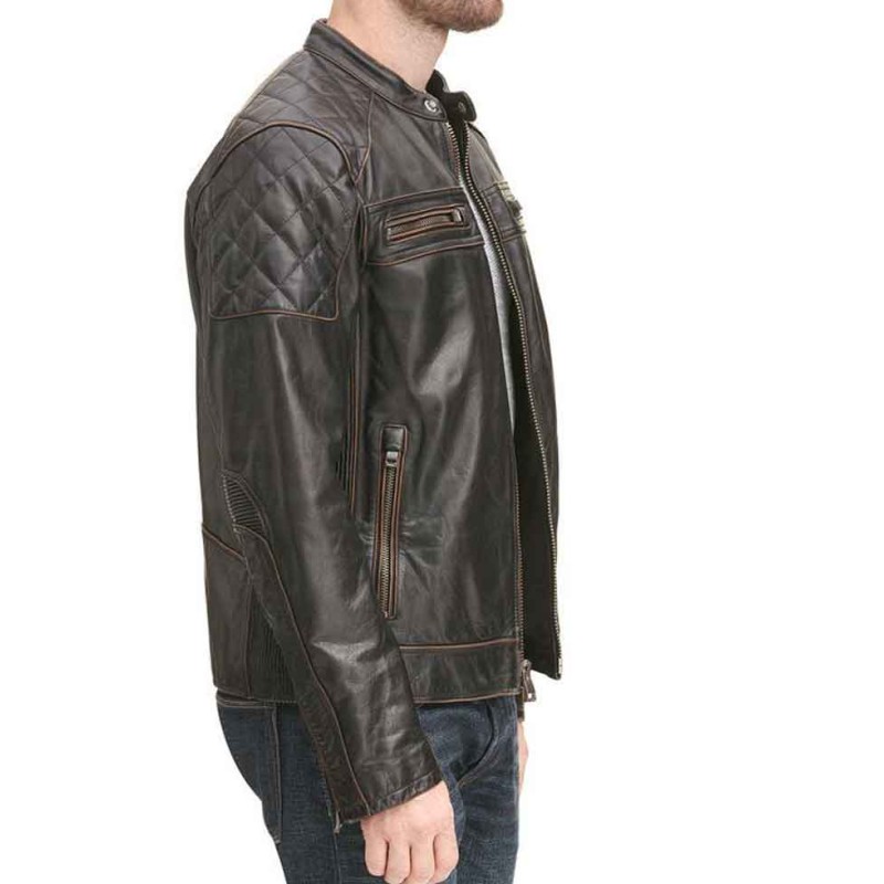 Men's Zipper Pockets Quilted Shoulder Brown Leather Biker Jacket Men's Zipper Pockets Quilted Shoulder Brown Leather Biker Jacket