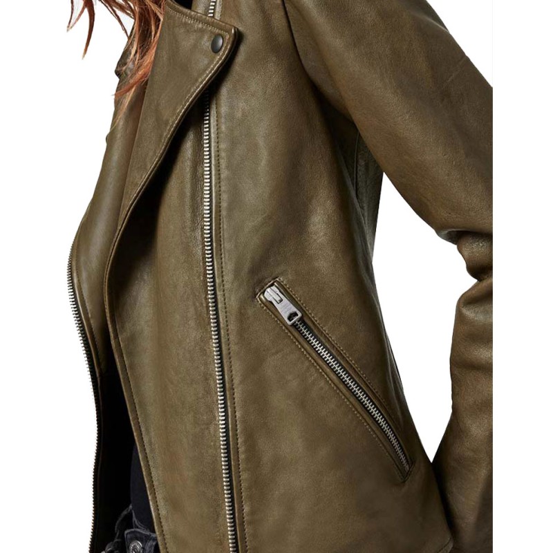 Monsterland Roberta Colindrez Olive Green Motorcycle Leather Jacket Monsterland Roberta Colindrez Olive Green Motorcycle Leather Jacket