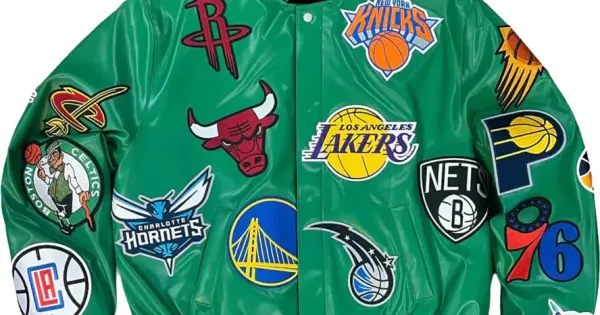 NBA Team Collage Jeff Hamilton Green Leather Jacket NBA Team Collage Jeff Hamilton Green Leather Jacket