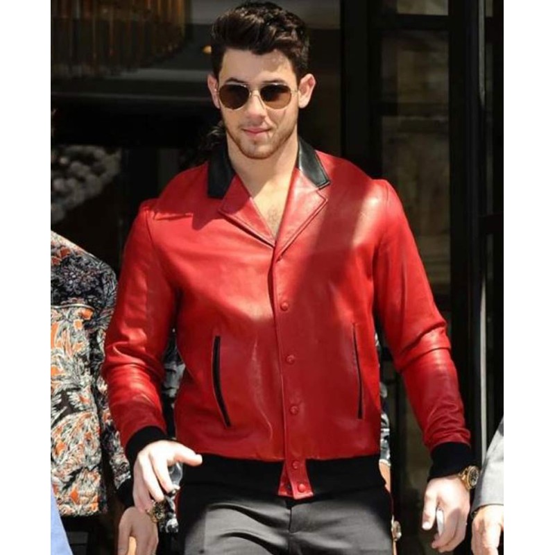 Nick Jonas Red Leather Bomber Jacket Nick Jonas Red Leather Bomber Jacket