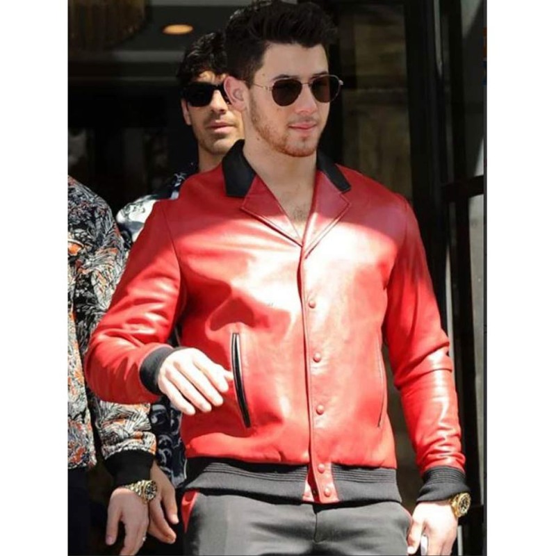 Nick Jonas Red Leather Bomber Jacket Nick Jonas Red Leather Bomber Jacket