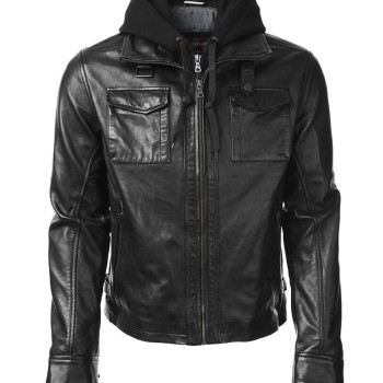Oliver Queen Black Leather Jacket with Hoodie