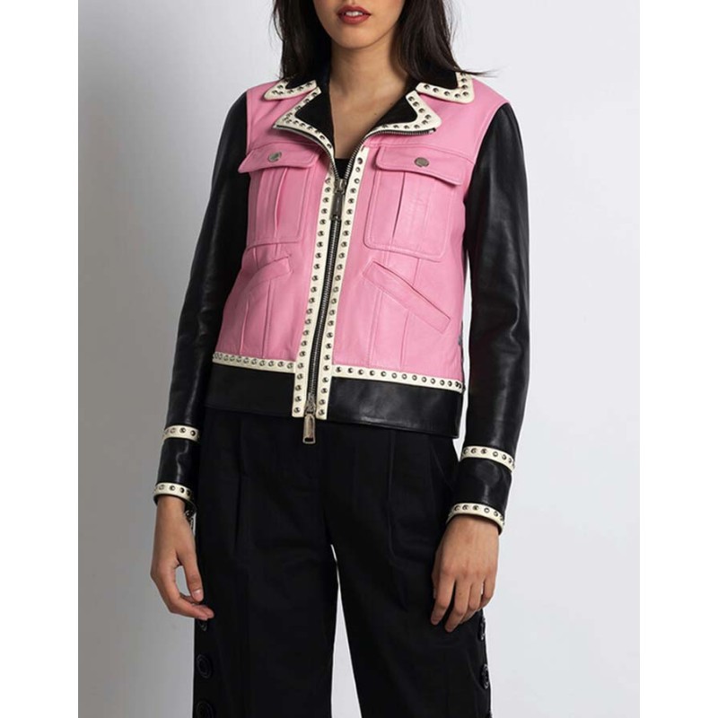Pink Studded Leather Jacket