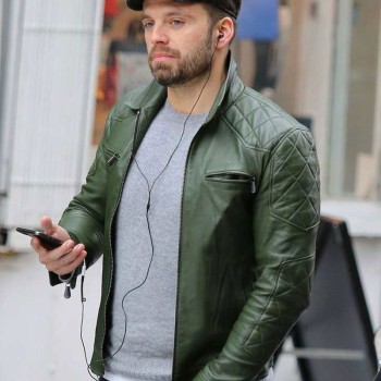 Motorcycle Sebastian Stan Green Leather Quilted Jacket