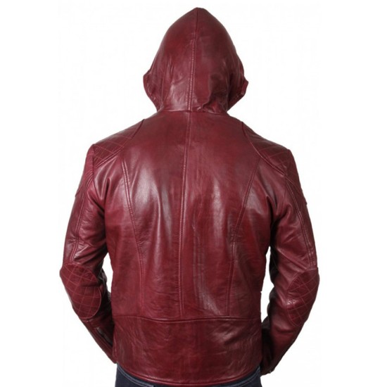 Men's Burgundy Real Leather Hooded Bomber Hoody Jacket Quilted Shoulder Detail 