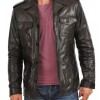 Men's Shirt Collar Button Closure Dark Brown Leather Jacket