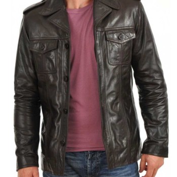 Men's Shirt Collar Button Closure Dark Brown Leather Jacket