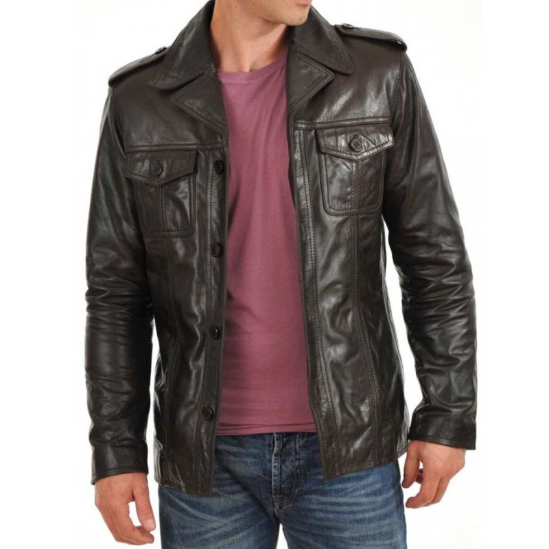 Men's Shirt Collar Button Closure Dark Brown Leather Jacket
