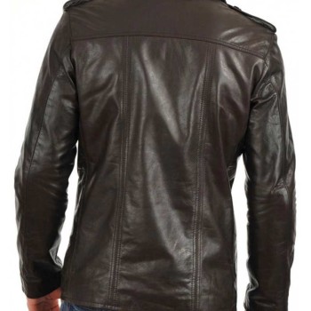 Men's Shirt Collar Button Closure Dark Brown Leather Jacket