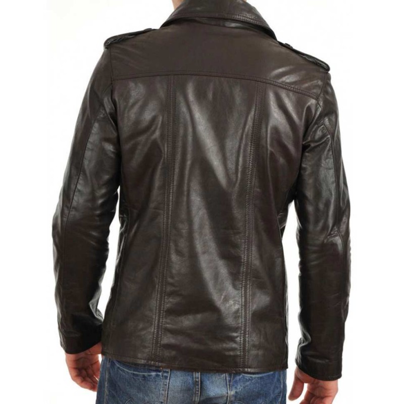 Men's Shirt Collar Button Closure Dark Brown Leather Jacket Men's Shirt Collar Button Closure Dark Brown Leather Jacket