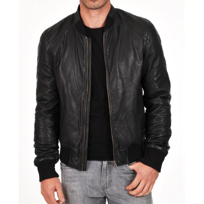 Men's Simple Look Black Leather Bomber Jacket Men's Simple Look Black Leather Bomber Jacket