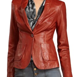 Women's Single Buttoned Closure Red Leather Blazer