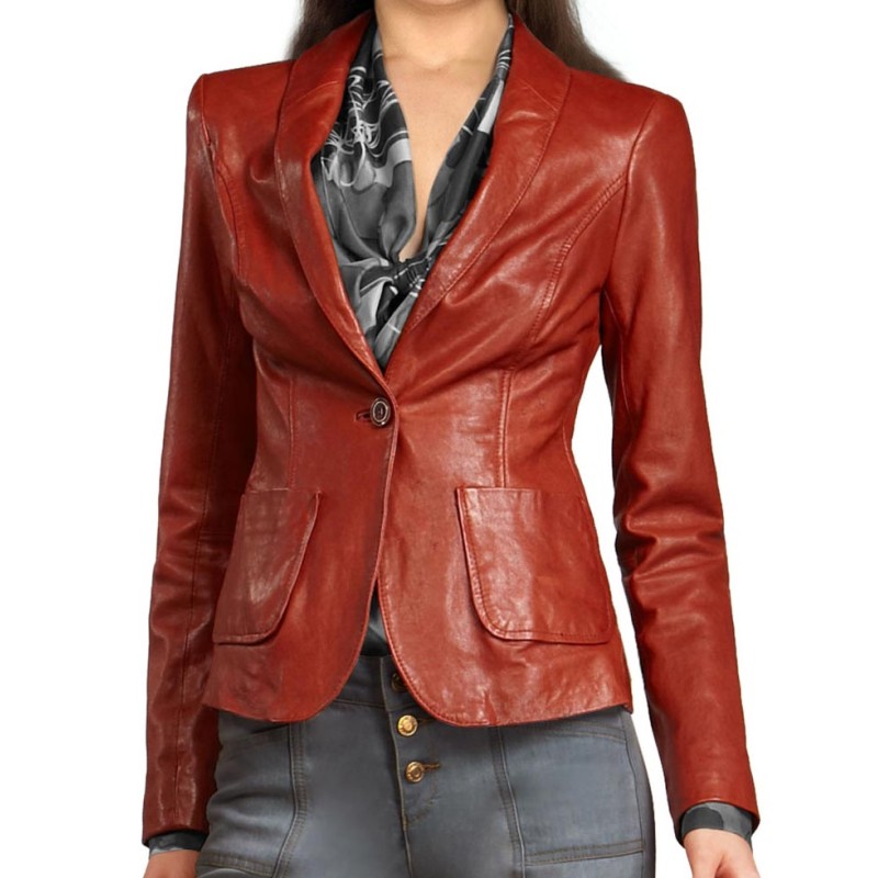 Women's Single Buttoned Closure Red Leather Blazer