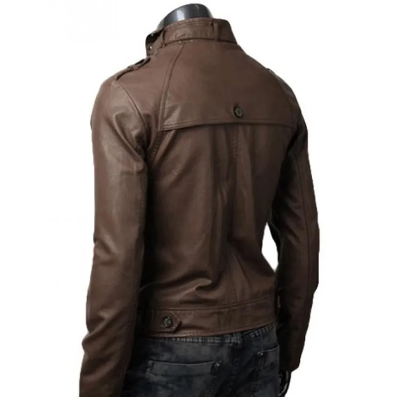 Men's Belted Buckle Collar Slim Fit Brown Leather Jacket Men's Belted Buckle Collar Slim Fit Brown Leather Jacket