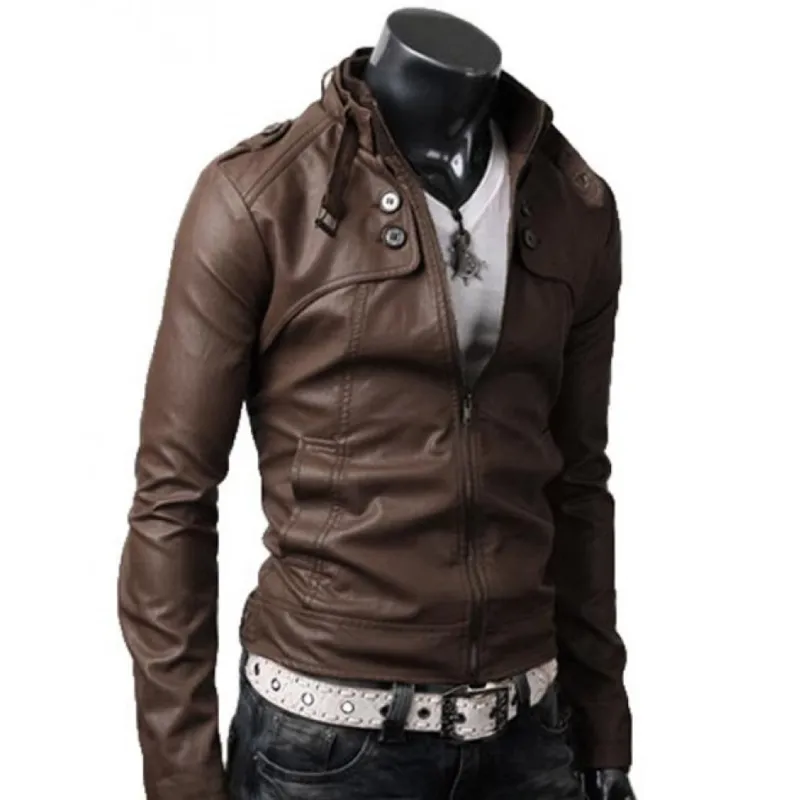 Men's Belted Buckle Collar Slim Fit Brown Leather Jacket Men's Belted Buckle Collar Slim Fit Brown Leather Jacket