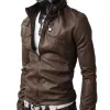 Men's Belted Buckle Collar Slim Fit Brown Leather Jacket