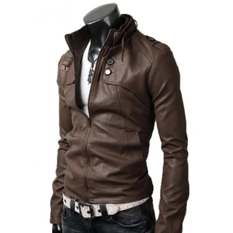 Men's Belted Buckle Collar Slim Fit Brown Leather Jacket Men's Belted Buckle Collar Slim Fit Brown Leather Jacket