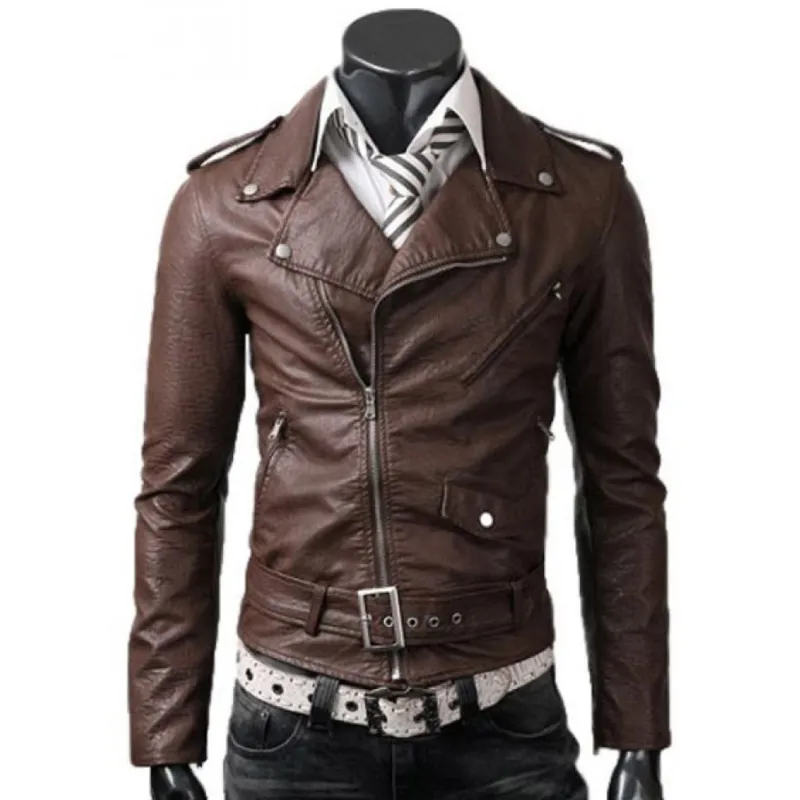 Men's Biker Asymmetrical Zipper Slim Fit Belted Brown Leather Jacket Men's Biker Asymmetrical Zipper Slim Fit Belted Brown Leather Jacket