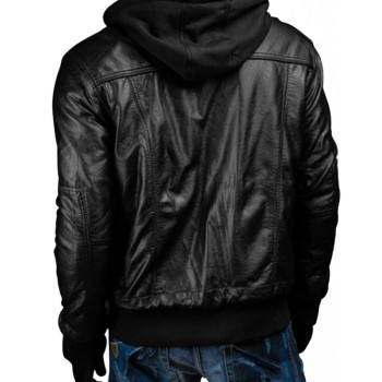 Slim Fit Black Leather Jacket With Hood for Men