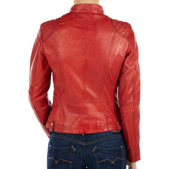 Women's Snap Tab Collar Red Leather Biker Jacket